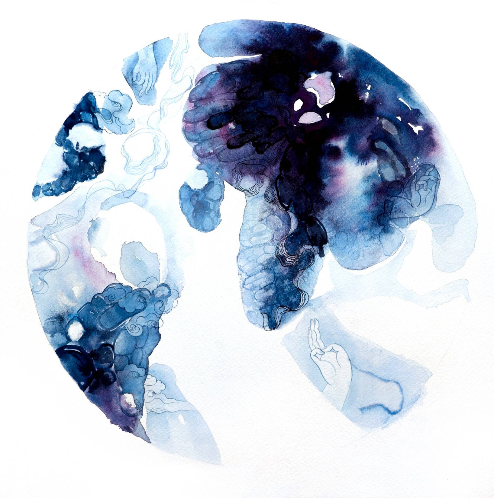 Circular watercolor in shades of blue, white and some purple. Image of hand near bottom right.